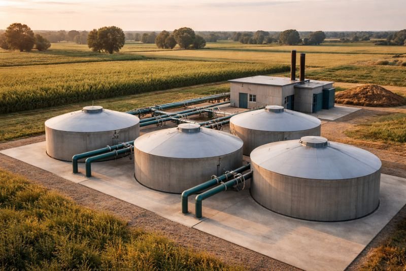 Aerial view of an anaerobic digestion biogas facility with circular tanks and gas domes surrounded by agricultural fields