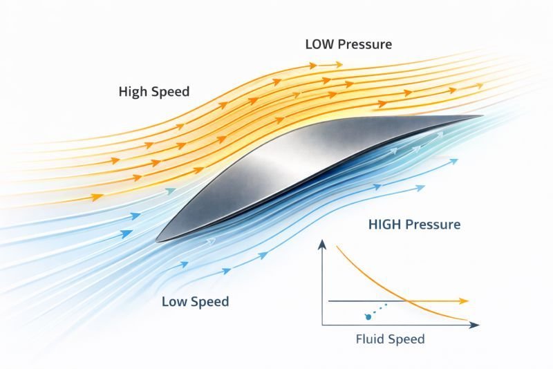 Diagram showing airflow streamlines around an airfoil illustrating Bernoulli principle with faster flow above and slower flow below the surface