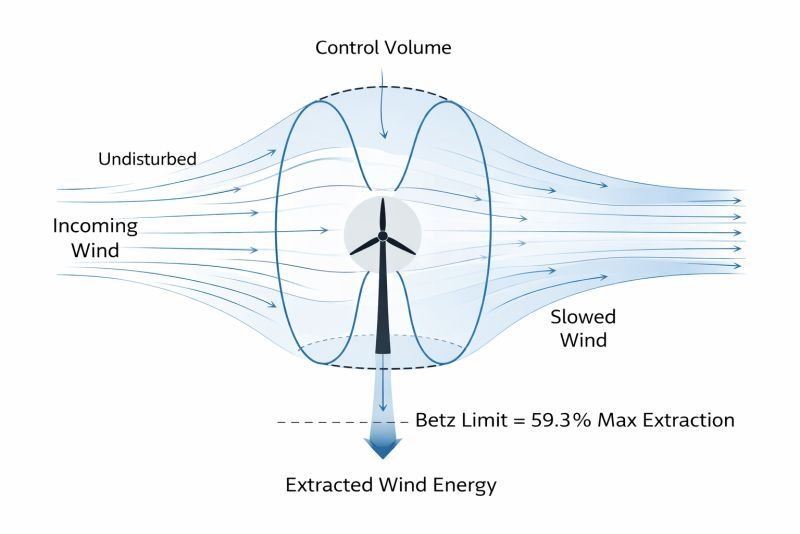 Scientific diagram showing wind flow before and after a turbine rotor illustrating the Betz limit of maximum wind energy extraction