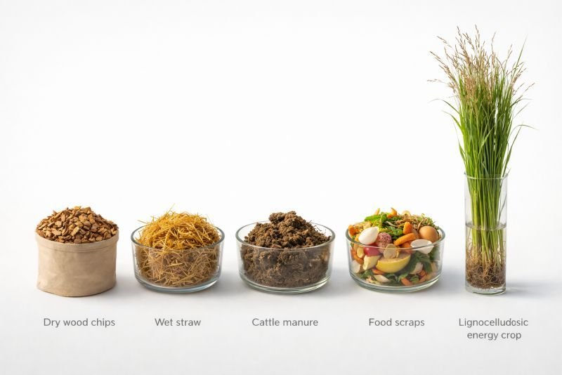 Five bioenergy feedstocks including wood chips, straw, cattle manure, food waste, and an energy crop displayed in separate containers on a white background