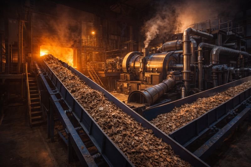 Industrial biomass combustion facility with conveyor belts carrying wood chips into a large furnace and steam pipes used for power generation