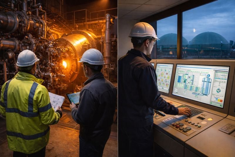 Engineers working in a biomass combustion turbine facility and monitoring a biogas digester control panel in a split industrial scene