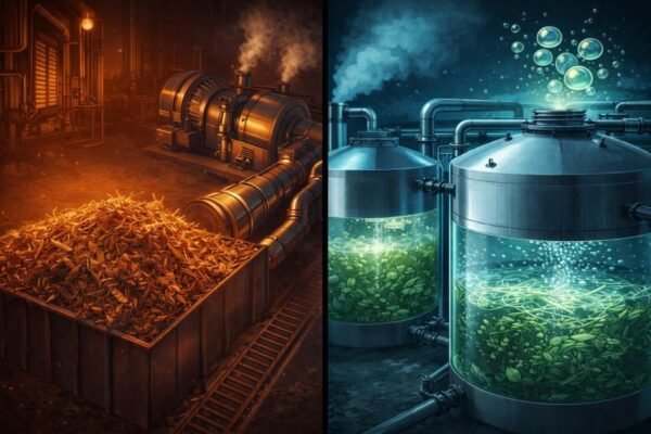 Split image comparing biomass combustion for energy production and anaerobic digestion biogas tanks used in bioenergy systems