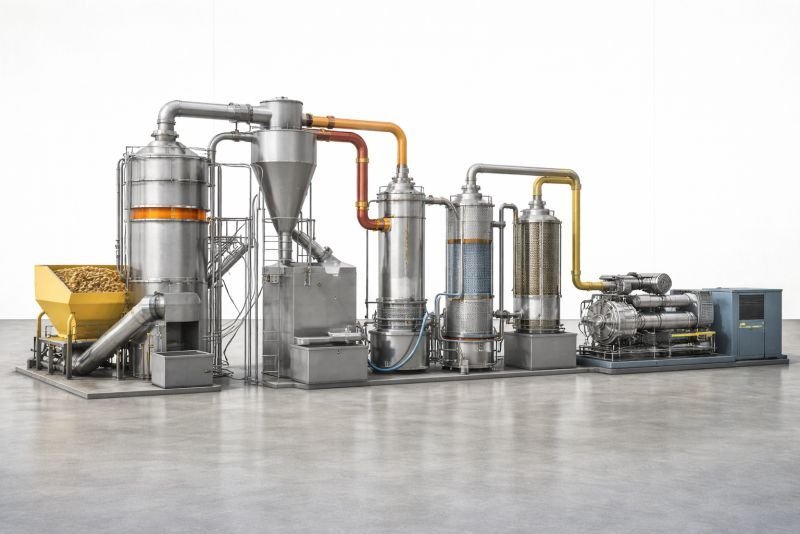 Industrial biomass gasification system with reactor vessel cyclone separator gas cleaning units and engine generator connected by piping