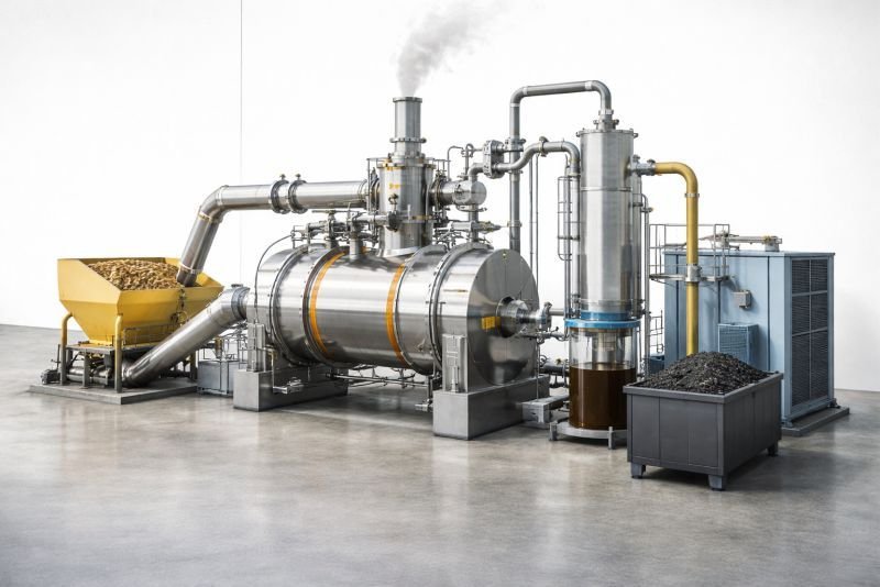 Industrial biomass pyrolysis system with feed hopper heated reactor chamber vapor condenser and biochar discharge bin used for bioenergy production