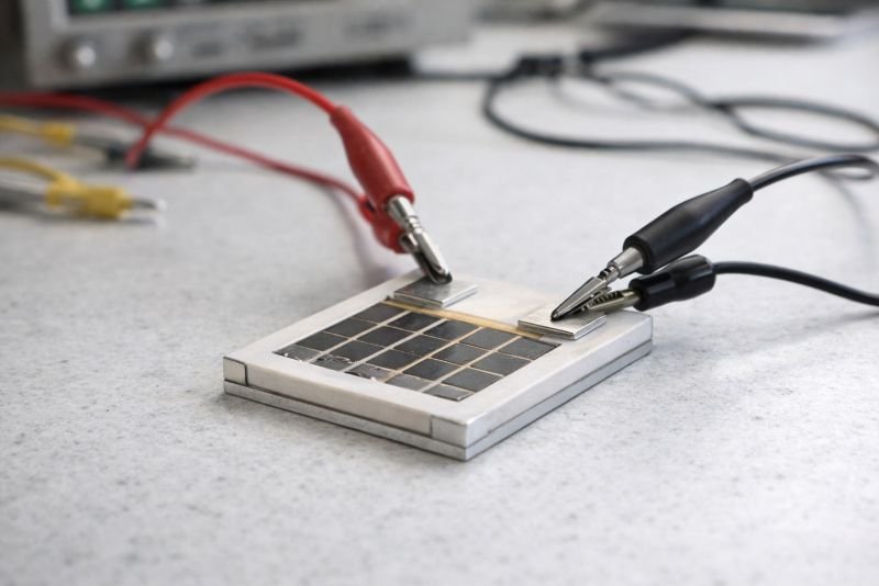 Laboratory photograph of a bismuth telluride thermoelectric module with ceramic plates and metal contacts, connected to electrical probes for measurement in a scientific lab environment.