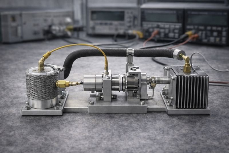 Photorealistic laboratory heat engine test rig with a hot-side heater, central engine assembly, and cold-side heat exchanger connected by insulated piping and temperature probes.