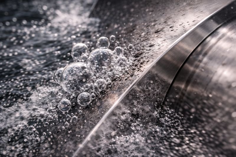 Macro close-up of cavitation bubbles forming along the surface of a hydro turbine blade in fast-moving water.