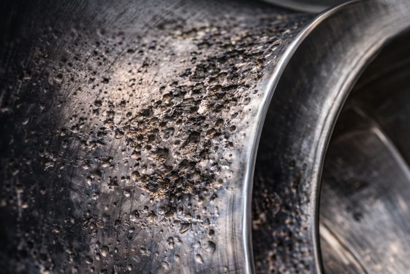 Macro close-up of cavitation damage on a stainless steel hydro turbine runner blade, showing pitting, erosion, and roughened metal surface.
