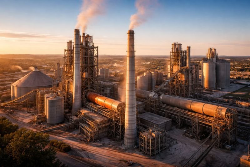 Aerial view of a large cement plant with tall exhaust stacks and heat haze rising into a blue sky, illustrating industrial waste heat sources suitable for thermoelectric energy recovery.
