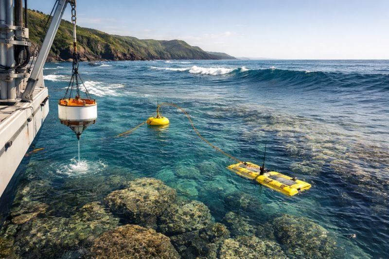 Coastal bathymetry survey showing research equipment measuring seabed depth near a rocky shoreline with incoming ocean waves, illustrating seabed mapping in wave engineering.