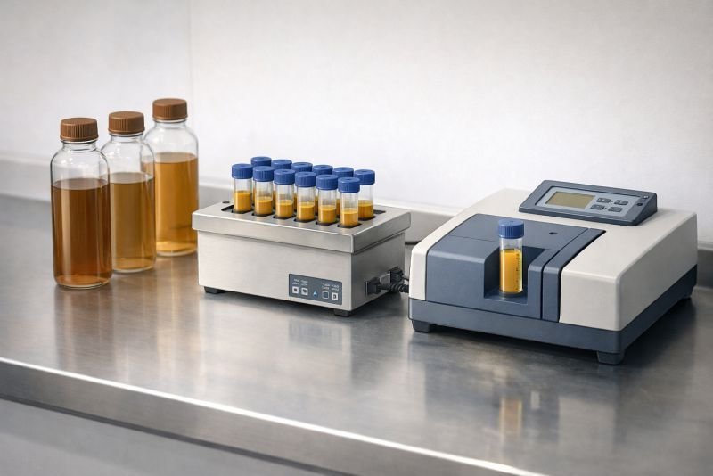 Laboratory equipment for chemical oxygen demand COD analysis including reaction vials heating block spectrophotometer and wastewater sample bottles on a lab bench