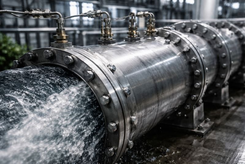 Large steel pressure pipe with measurement ports and flowing water in an industrial hydro engineering setting, illustrating pipe friction loss analysis.