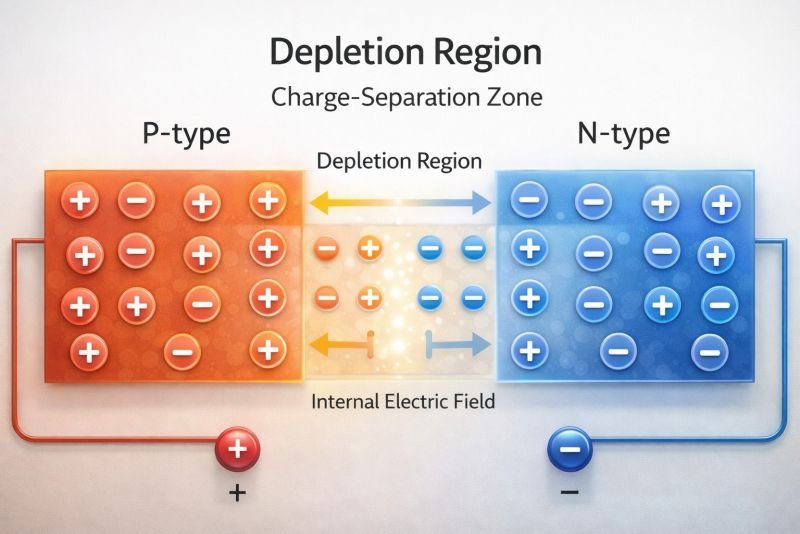 Depletion region diagram in a P-N junction showing charge separation between p-type and n-type semiconductor regions and internal electric field