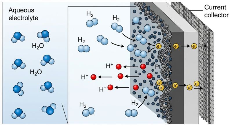diagram showing hydrogen electrochemical oxidation at fuel cell anode with hydrogen molecules splitting into protons and electrons on platinum catalyst surface