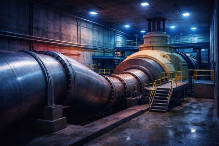 Interior of an underground hydroelectric power station with a massive steel penstock feeding a large generator unit inside a concrete turbine hall.
