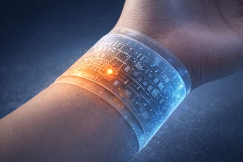Conceptual thermoelectric wearable device on a wrist generating electricity from body heat, showing a thin flexible module with warm inner surface and cool outer surface.