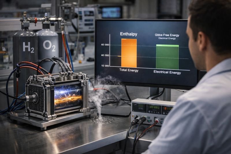 laboratory hydrogen fuel cell experiment showing thermodynamic energy conversion efficiency and electrical output measurement
