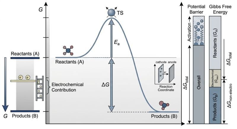 reaction coordinate diagram showing Gibbs free energy change activation energy barrier and electrochemical energy conversion in fuel cell reactions