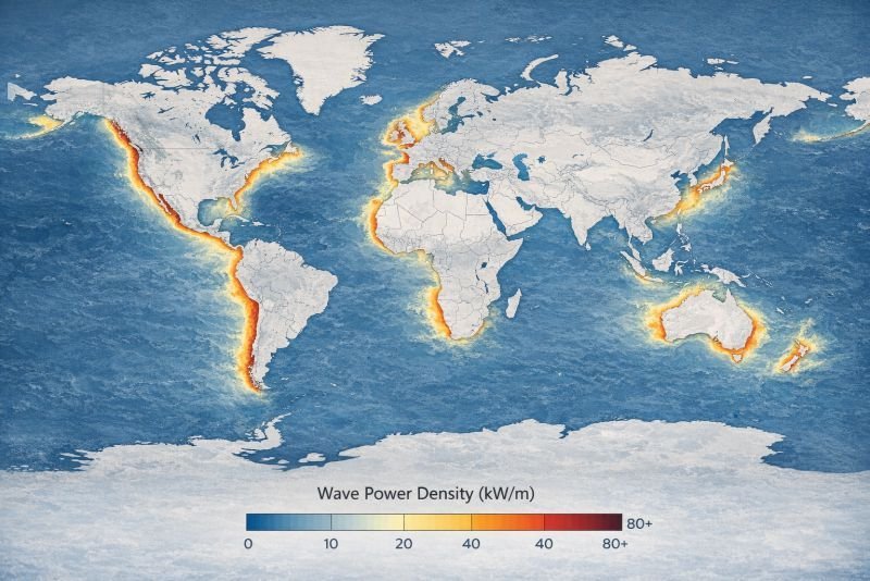 World map showing global wave energy power density with high-energy regions highlighted along Western Europe, South America, New Zealand, and southern Australia, and lower energy in enclosed seas.