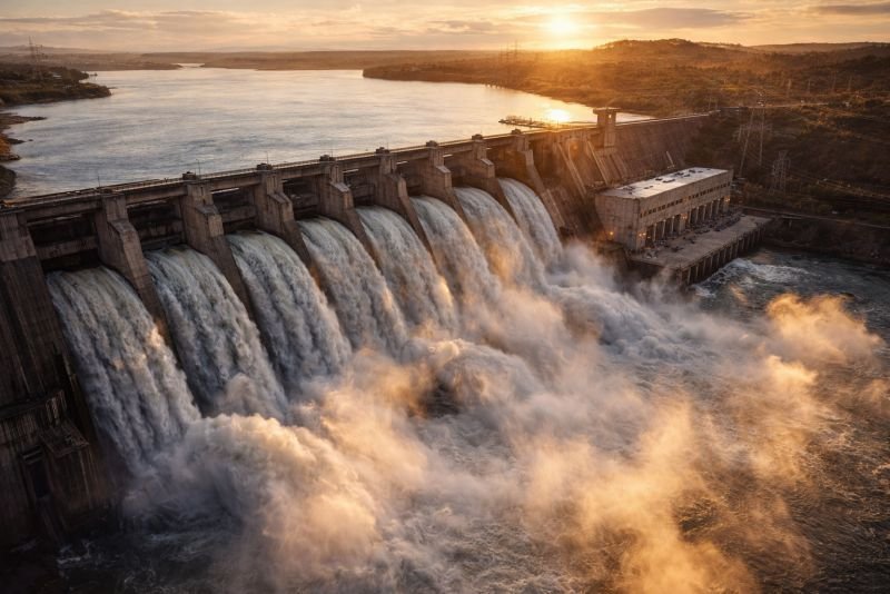 Aerial view of a massive hydroelectric dam with multiple spillways releasing large controlled water flows in late afternoon light.