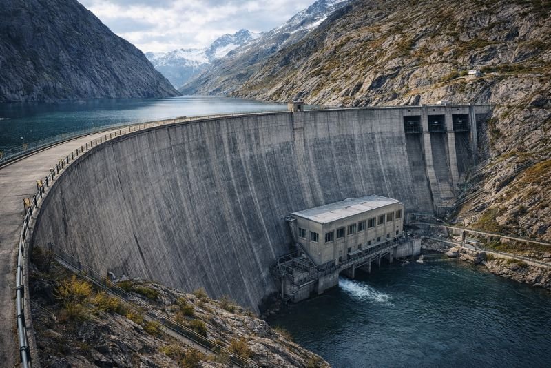 Concrete hydroelectric dam seen from downstream, with reservoir behind the wall and a powerhouse building at the base beside the outlet channel.