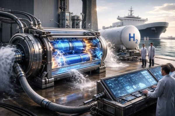 hydrogen fuel cell system generating electricity from hydrogen and oxygen with water vapor output in industrial energy facility