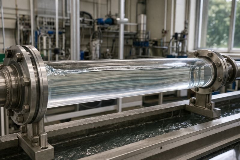 Clear water flowing smoothly through a transparent test pipe in a hydraulic laboratory setup, showing layered laminar motion in a controlled pipe flow experiment.