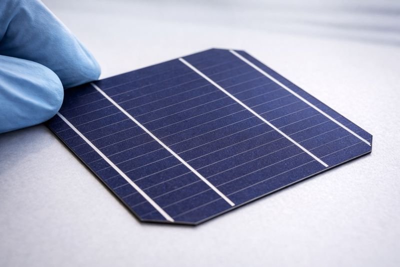 Close-up of a thin monocrystalline silicon solar cell wafer with blue anti-reflective coating, fine silver contact fingers, and clipped corners in a lab setting.
