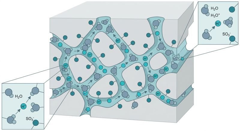 diagram of nafion polymer electrolyte membrane showing proton transport through hydrated ion channels formed by sulfonic acid groups and water molecules