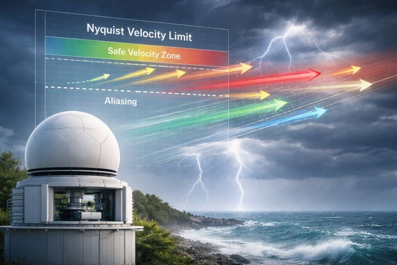 Conceptual diagram showing Nyquist velocity limit in Doppler wind measurement and velocity aliasing in atmospheric sensing systems