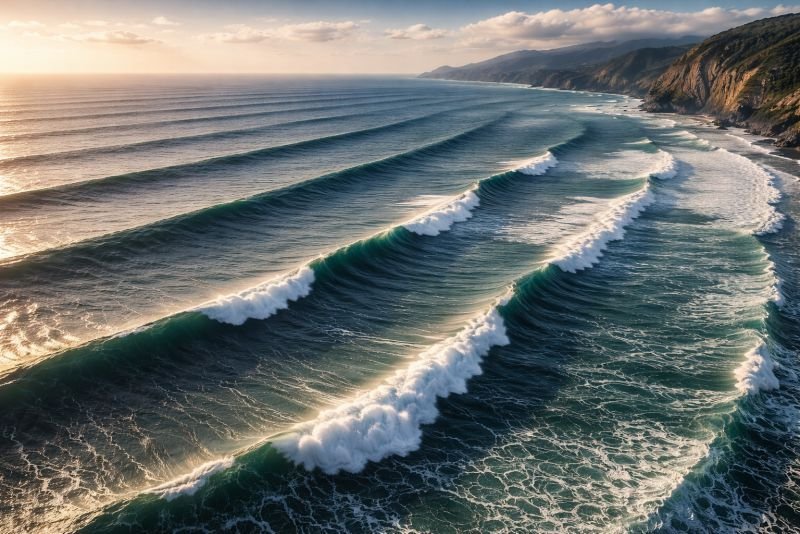 Aerial view of long-period ocean swell forming parallel wave lines approaching a coastline, illustrating organized wave energy patterns in the Pacific Ocean.