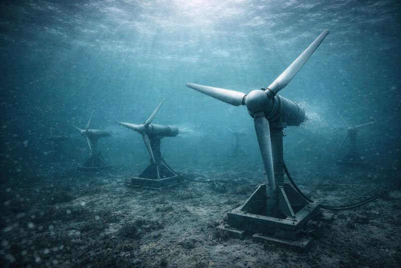 Underwater view of an offshore tidal energy farm with multiple horizontal-axis turbines mounted on seabed frames, generating power from ocean currents.