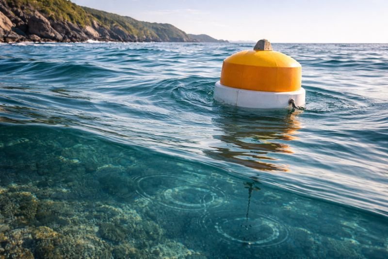 Floating buoy riding ocean swell with visible surface wave motion and subtle circular water movement beneath, illustrating orbital motion in surface waves.