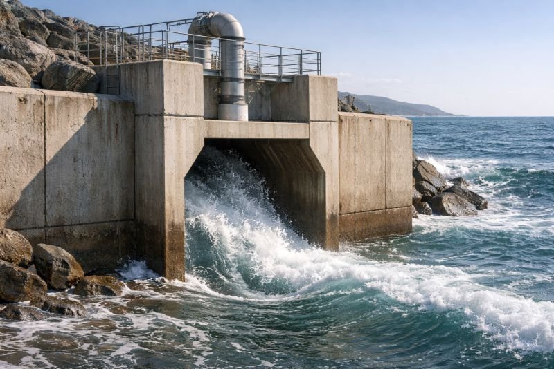 Oscillating water column wave energy structure built into a coastal breakwater, with waves entering a chamber and air duct system above for power generation.