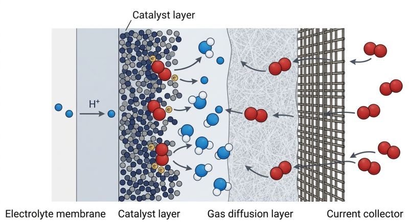 diagram of oxygen reduction reaction in fuel cell cathode showing oxygen molecules reacting with protons and electrons on catalyst layer to form water