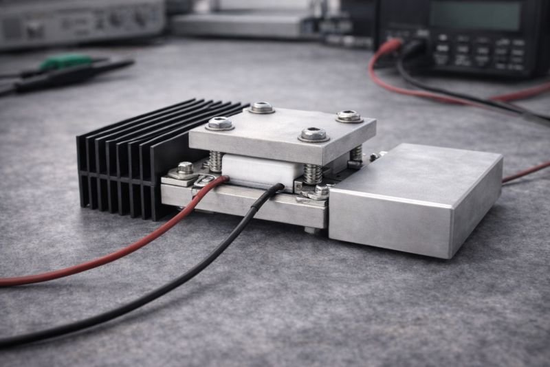 Photorealistic thermoelectric Peltier cooler module clamped between an aluminum heat sink and a cold plate with wiring on a laboratory bench, demonstrating solid-state cooling technology.