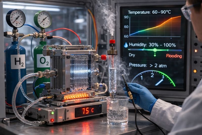laboratory pem fuel cell test setup showing temperature humidity and pressure conditions affecting fuel cell performance