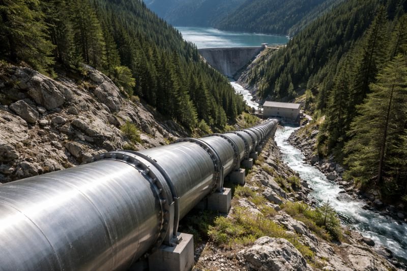 Large steel penstock descending a mountain slope from a reservoir dam toward a hydroelectric powerhouse in a steep valley.