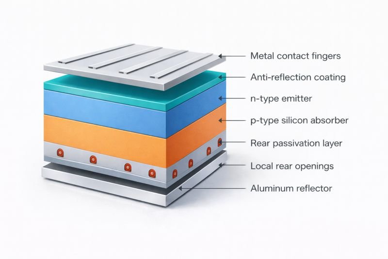Exploded technical diagram of a PERC silicon solar cell showing front metal contacts, anti-reflection coating, n-type emitter, p-type silicon absorber, rear passivation layer, local rear openings, and aluminum reflector.