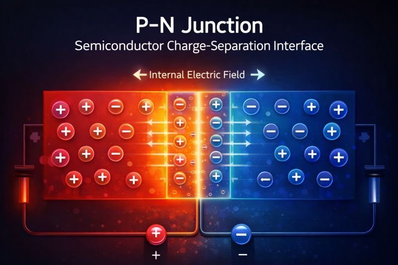 P-N junction diagram showing p-type and n-type semiconductor regions with depletion zone and internal electric field