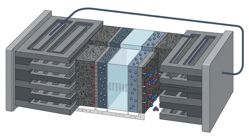 diagram of proton exchange membrane fuel cell stack showing polymer electrolyte membrane between anode and cathode with electron flow through external circuit