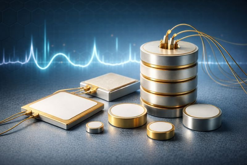 PZT piezoelectric ceramic components showing lead zirconate titanate elements used in sensors and actuators