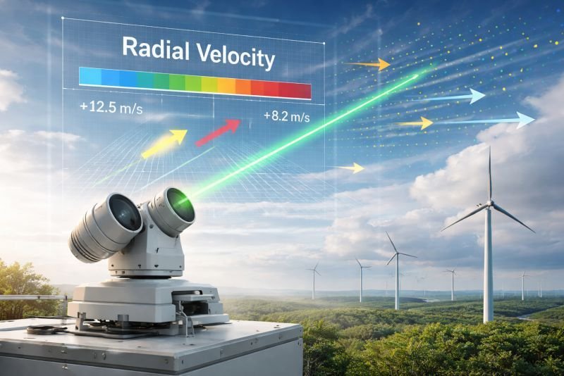 Radial velocity measurement using Doppler lidar detecting wind speed from airborne particles in the atmosphere