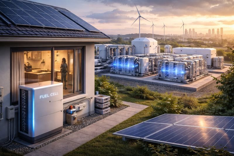 residential hydrogen fuel cell unit supplying home electricity with large scale fuel cell power systems and renewable energy infrastructure in background