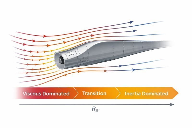 Diagram illustrating Reynolds number in aerodynamic flow showing transition between viscous dominated and inertia dominated airflow around a blade