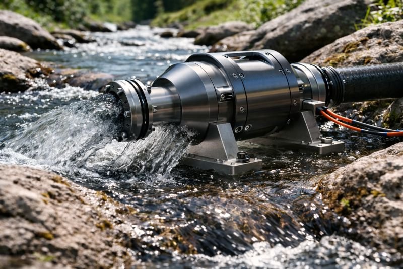 Sealed futuristic micro-hydro turbine installed in a shallow mountain stream, with a compact metal housing and external power cables.