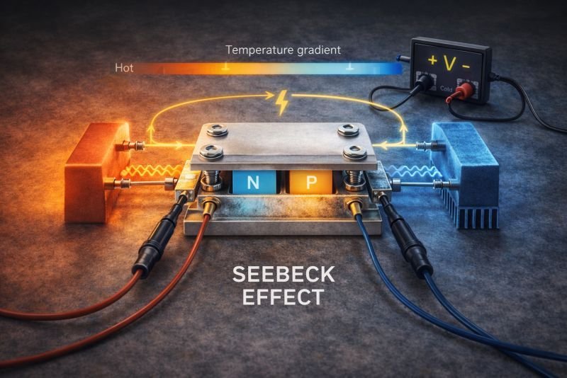 Photorealistic laboratory setup showing a thermoelectric sample between a heated block and a cooled heat sink with measurement leads, illustrating the Seebeck effect where a temperature difference generates voltage.