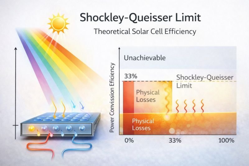 Shockley-Queisser limit diagram showing theoretical maximum efficiency of a single-junction solar cell and energy losses in photovoltaic conversion