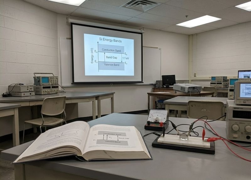 Silicon band gap diagram showing valence band and conduction band in semiconductor physics laboratory